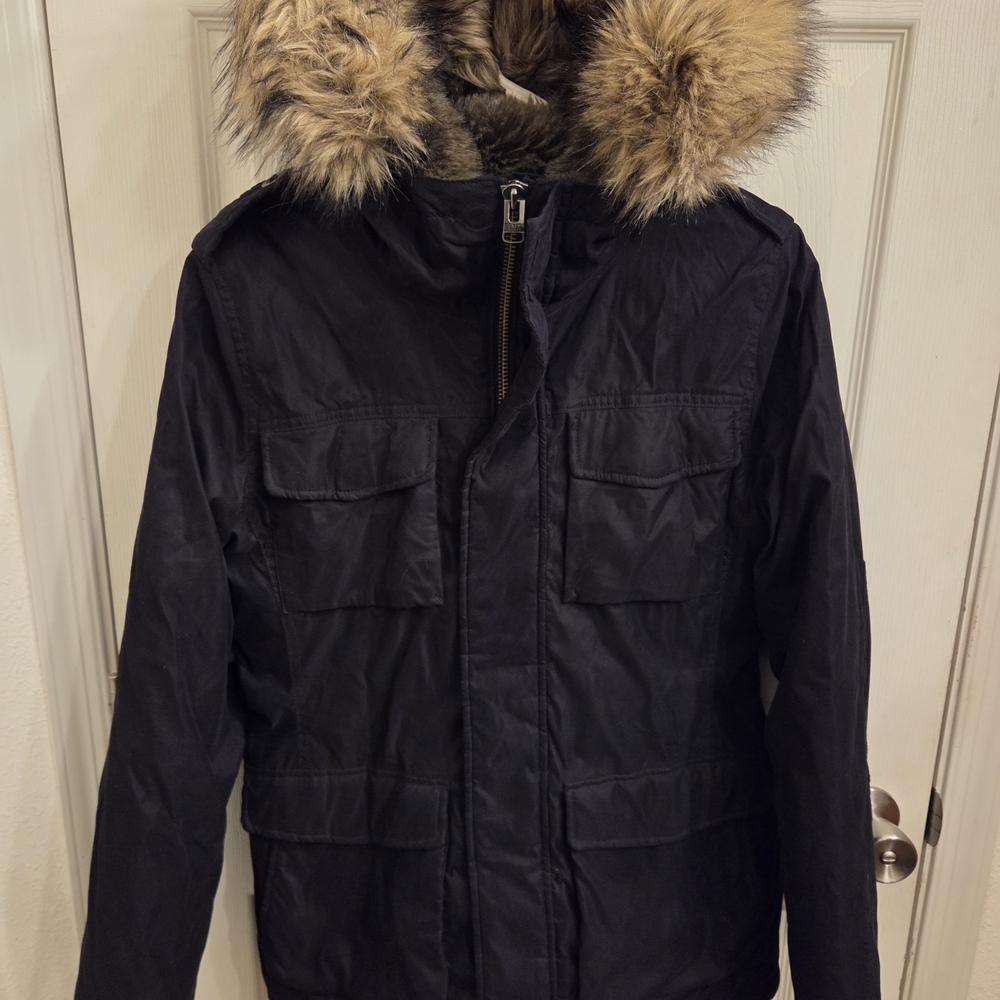 TNA Black Puffer Jacket with Faux Fur Hood Parka